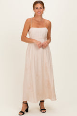 Beige Flower Embroidered Midi Dress