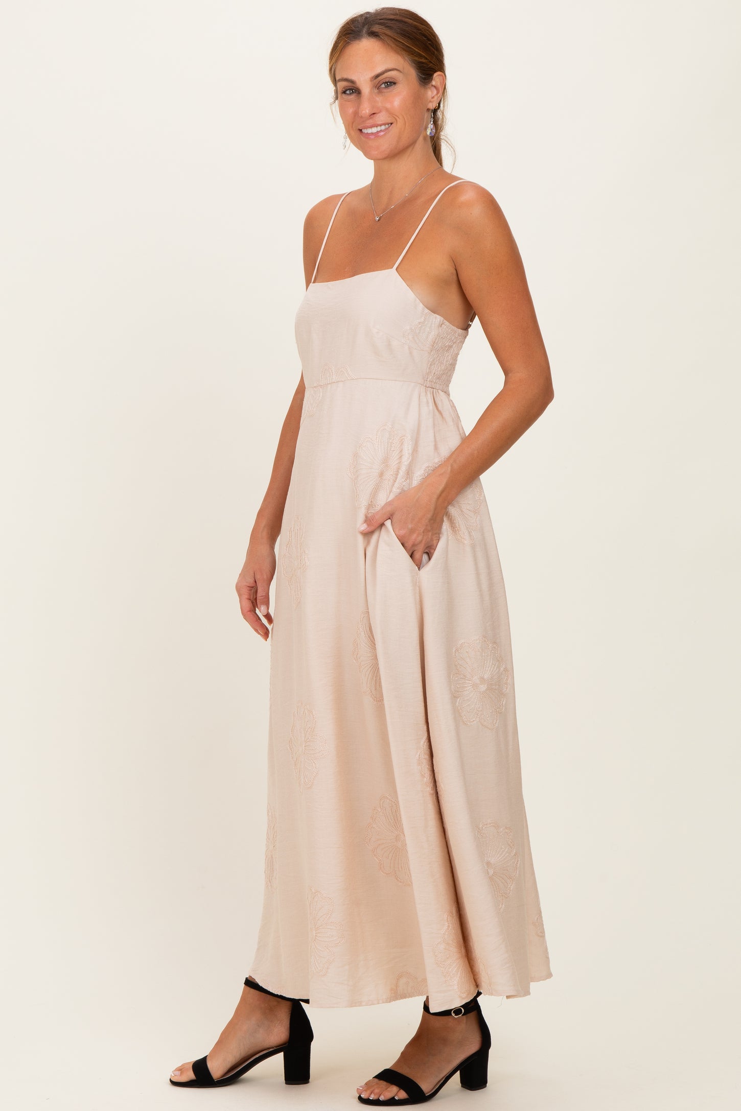 Beige Flower Embroidered Midi Dress