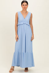 Light Blue Ribbed Sleeveless V-Neck Ruffle Tiered Maxi Dress