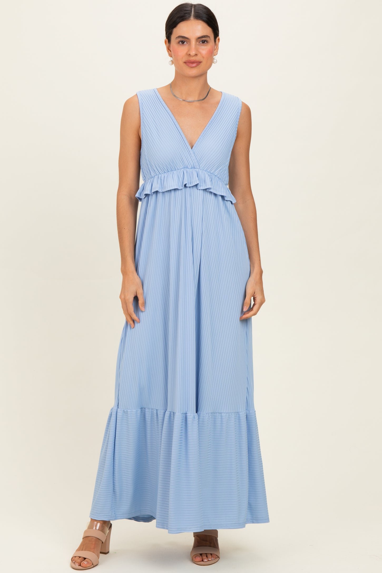 Light Blue Ribbed Sleeveless V-Neck Ruffle Tiered Maternity Maxi Dress