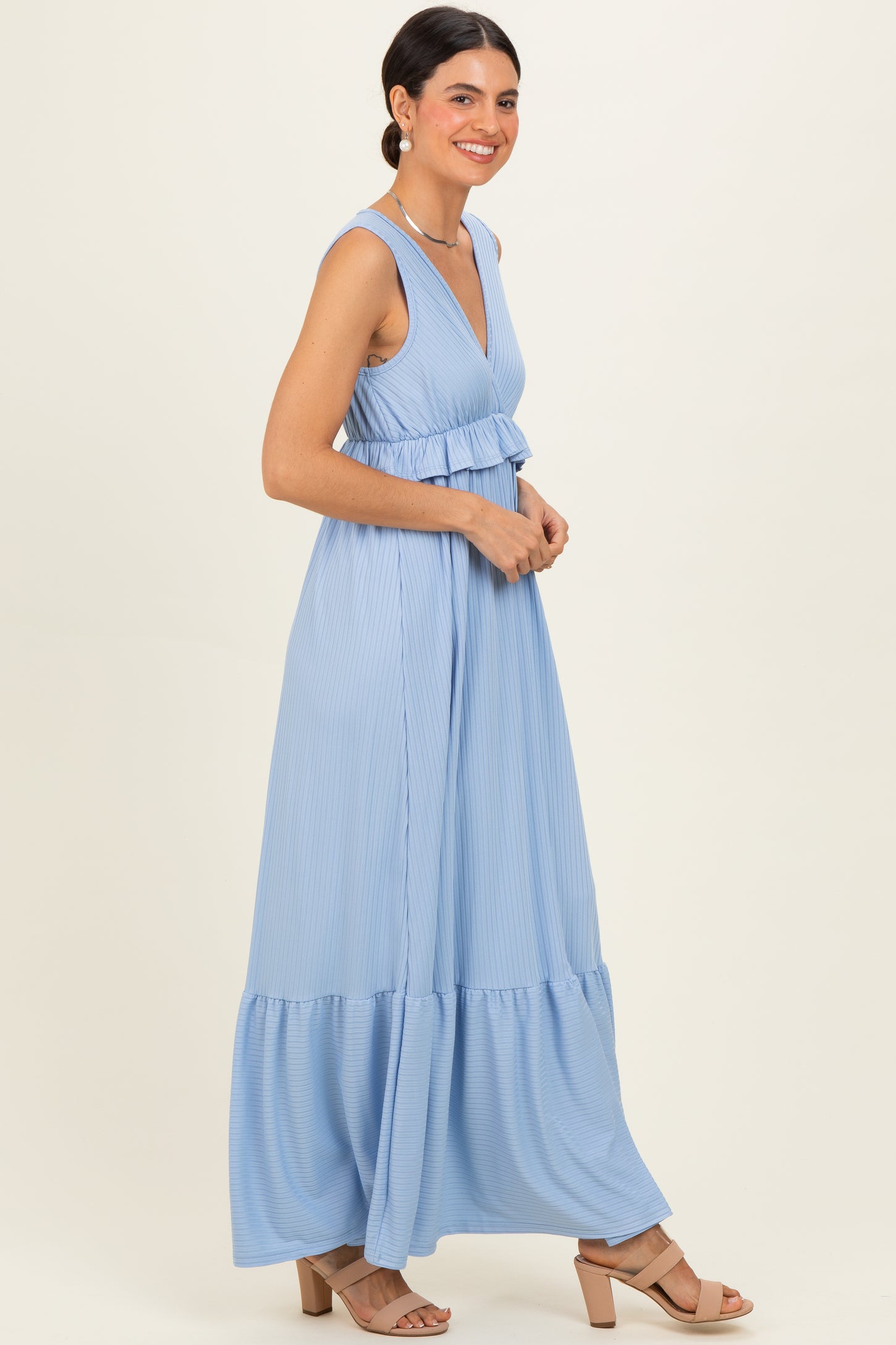 Light Blue Ribbed Sleeveless V-Neck Ruffle Tiered Maxi Dress