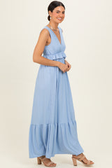 Light Blue Ribbed Sleeveless V-Neck Ruffle Tiered Maxi Dress