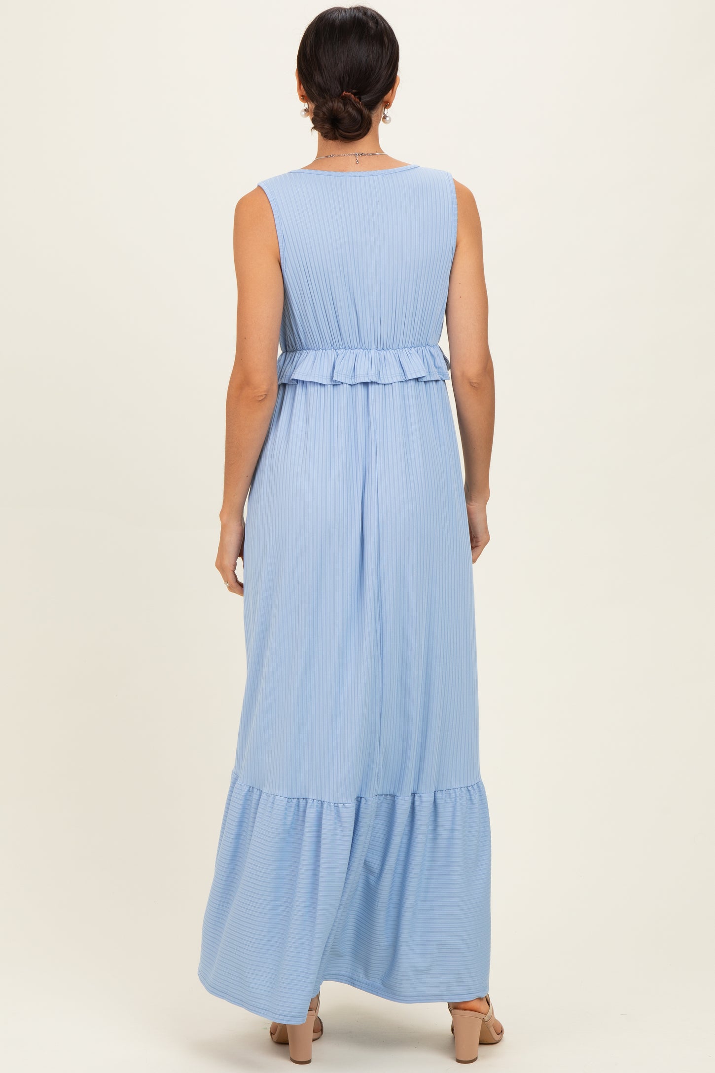 Light Blue Ribbed Sleeveless V-Neck Ruffle Tiered Maxi Dress