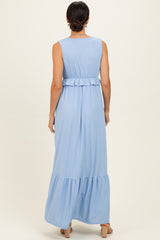 Light Blue Ribbed Sleeveless V-Neck Ruffle Tiered Maxi Dress