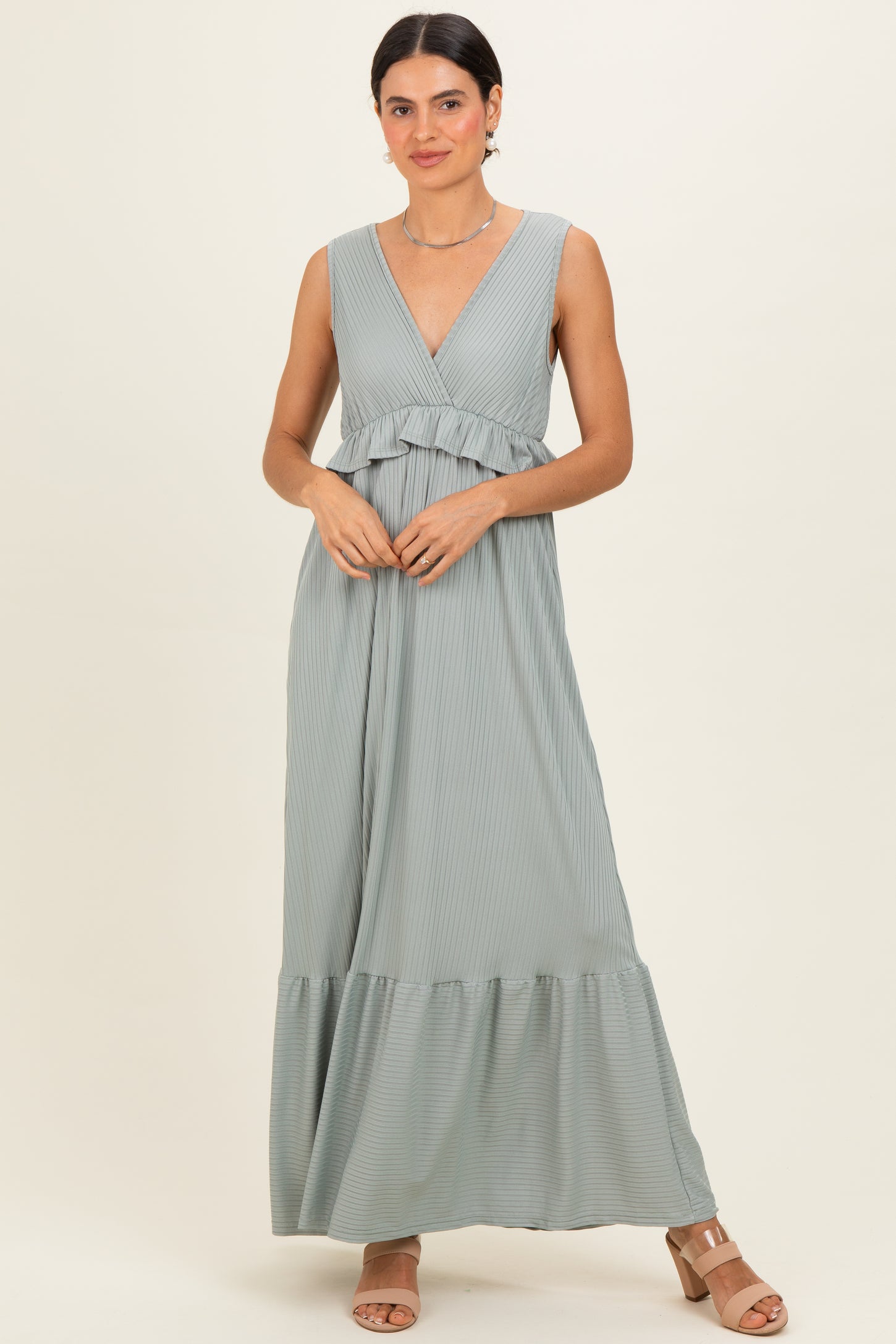 Sage Ribbed Sleeveless V-Neck Ruffle Tiered Maxi Dress