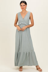 Sage Ribbed Sleeveless V-Neck Ruffle Tiered Maxi Dress