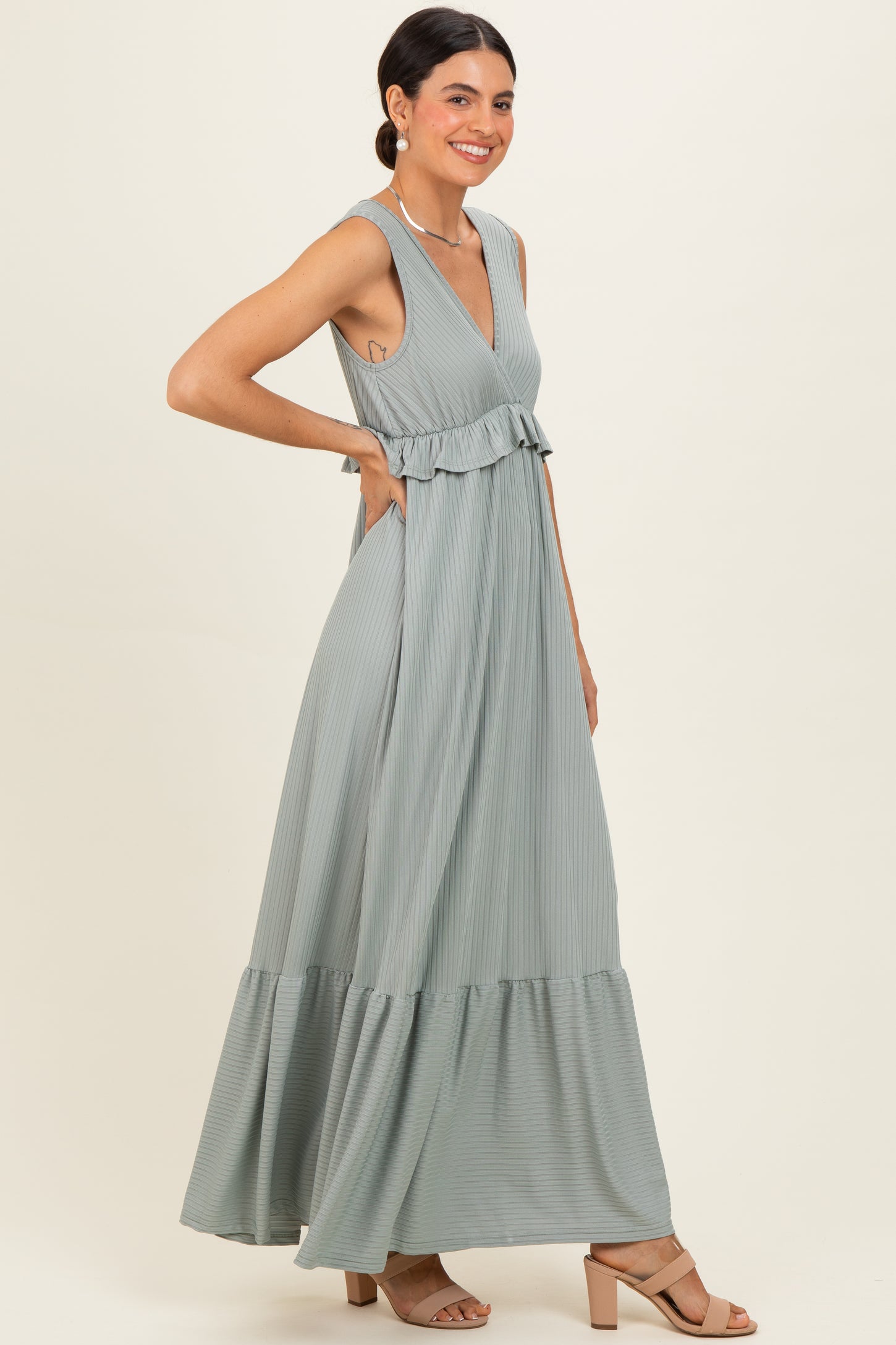 Sage Ribbed Sleeveless V-Neck Ruffle Tiered Maxi Dress