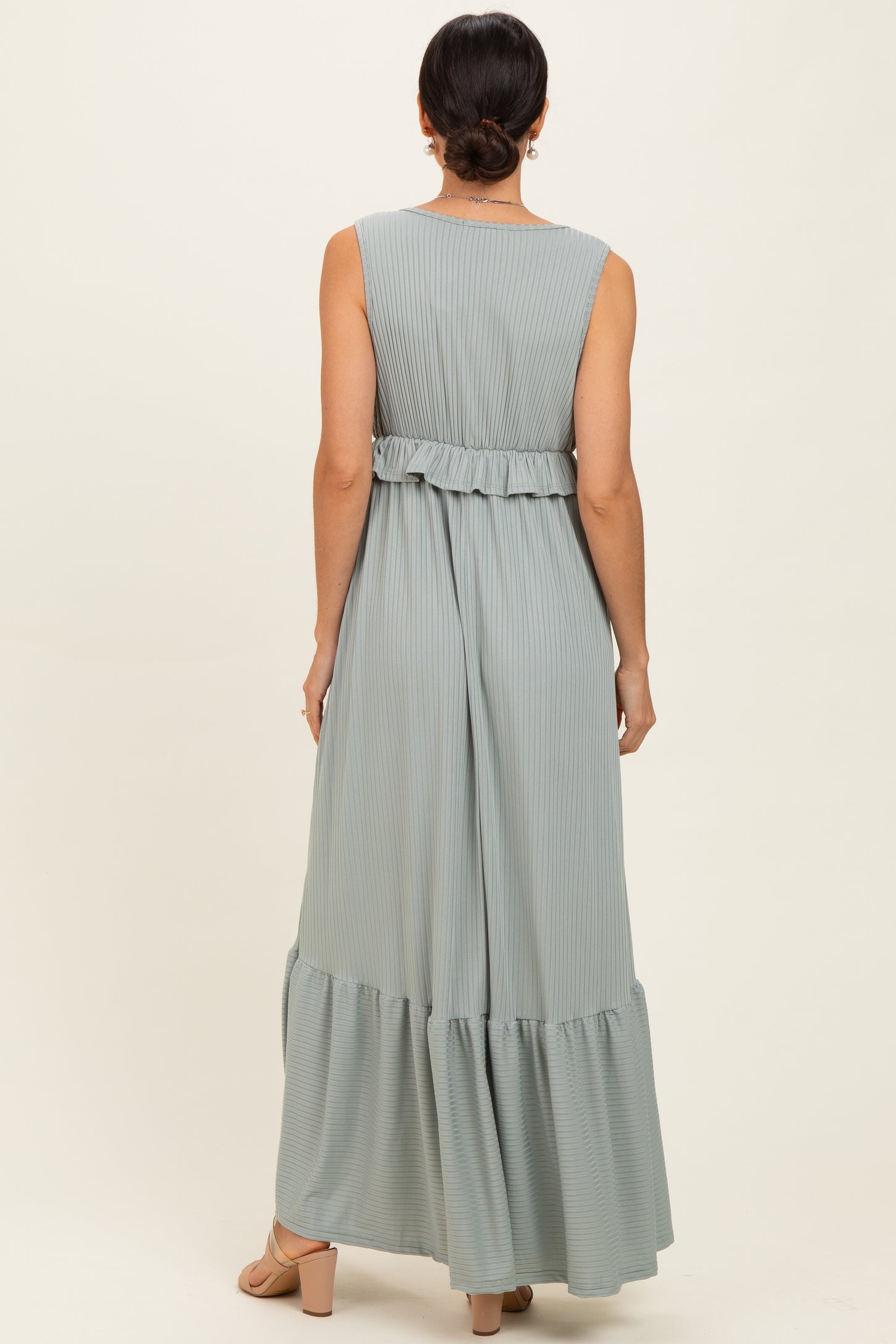 Sage Ribbed Sleeveless V-Neck Ruffle Tiered Maxi Dress