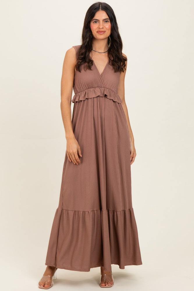 Mocha Ribbed Sleeveless V-Neck Ruffle Tiered Maxi Dress