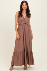 Mocha Ribbed Sleeveless V-Neck Ruffle Tiered Maxi Dress