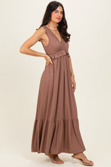 Mocha Ribbed Sleeveless V-Neck Ruffle Tiered Maxi Dress