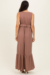 Mocha Ribbed Sleeveless V-Neck Ruffle Tiered Maxi Dress