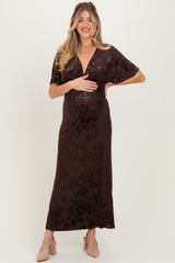 Brown Floral Velvet V-Neck Short Sleeve Maternity Maxi Dress