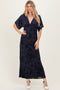 Navy Floral Velvet V-Neck Short Sleeve Maxi Dress