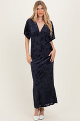 Navy Floral Velvet V-Neck Short Sleeve Maxi Dress
