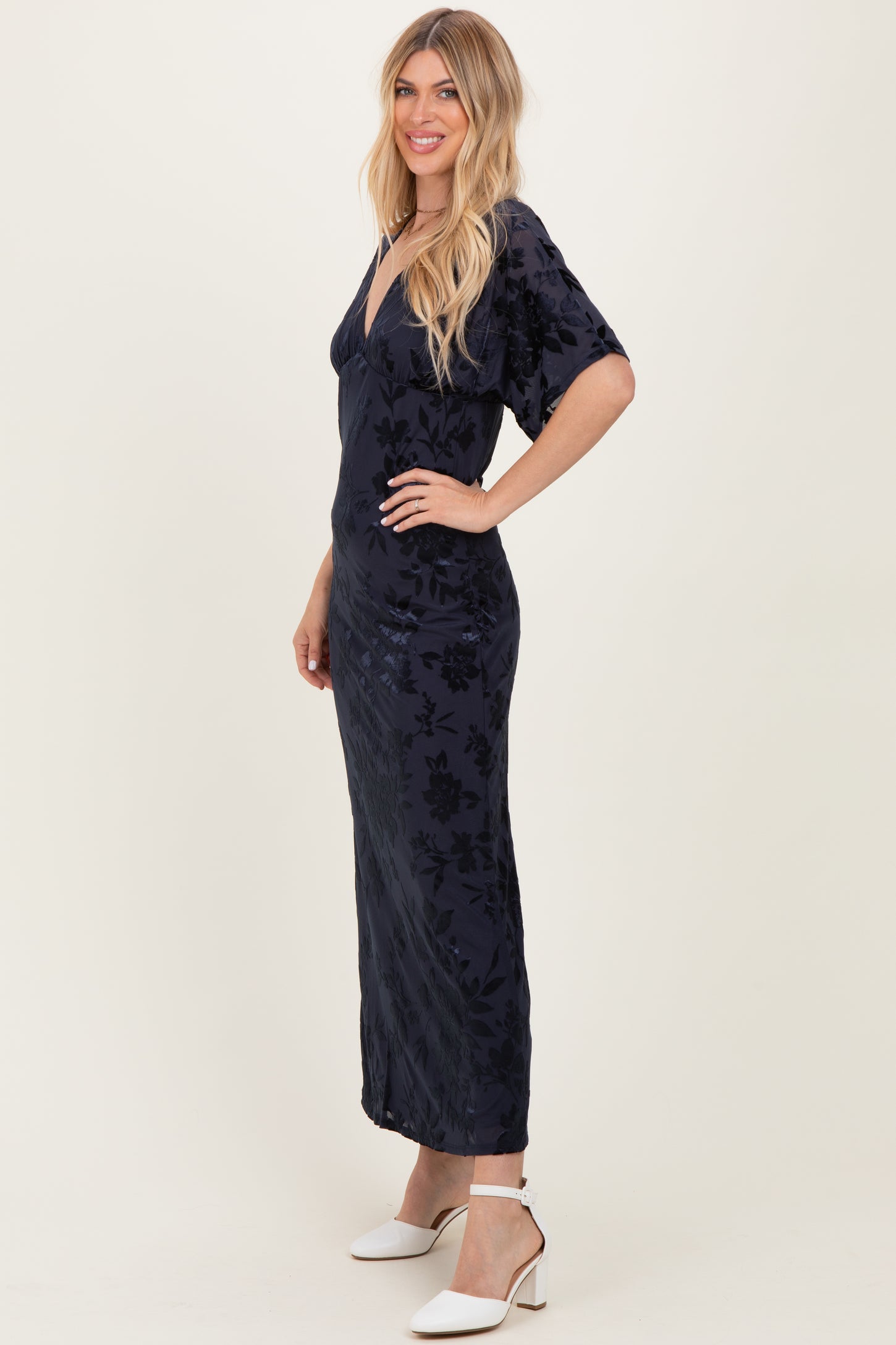 Navy Floral Velvet V-Neck Short Sleeve Maxi Dress