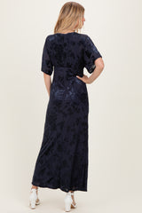 Navy Floral Velvet V-Neck Short Sleeve Maxi Dress