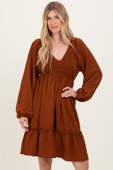 Brown Long Sleeve V-Neck Tiered Midi Dress