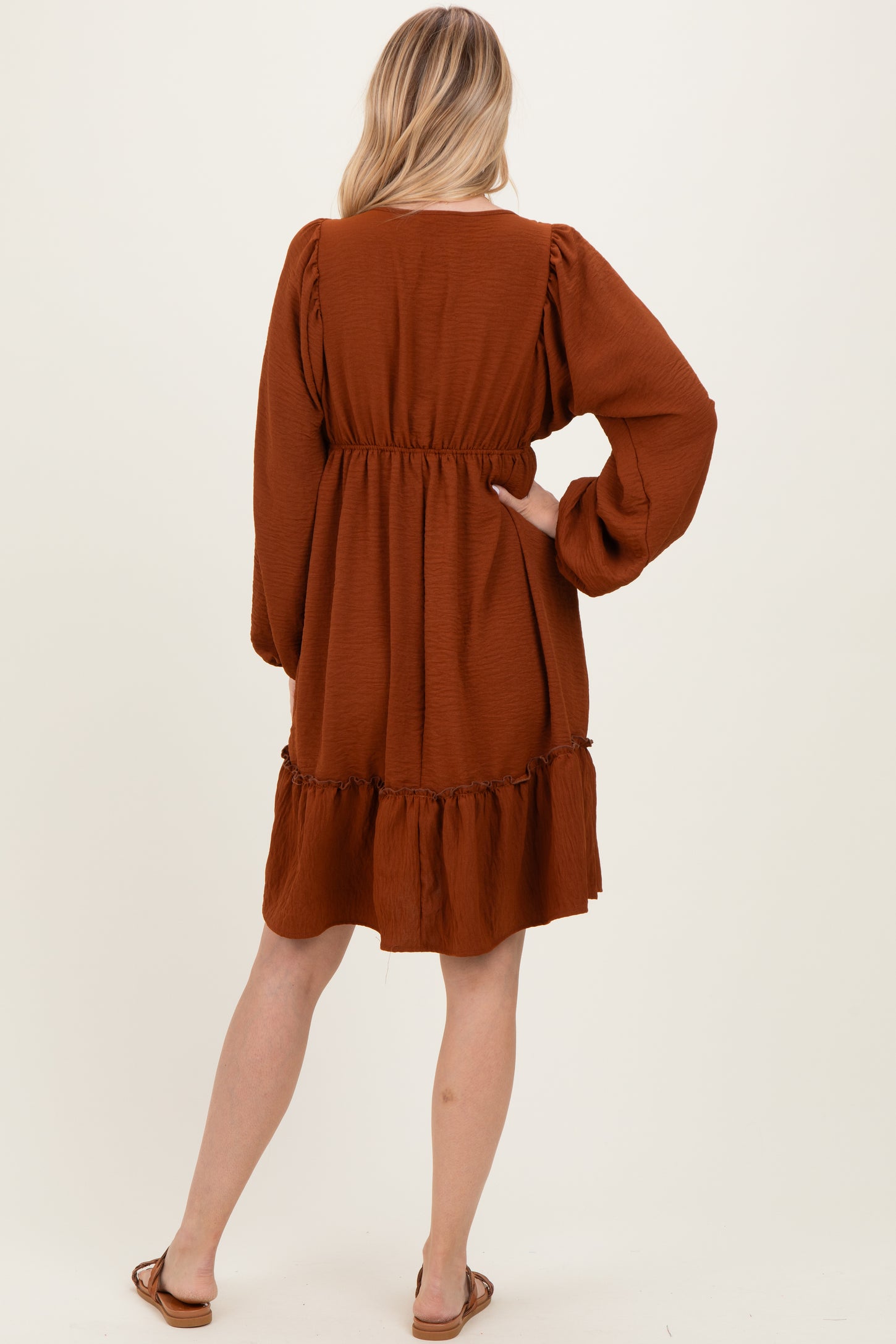 Brown Long Sleeve V-Neck Tiered Midi Dress