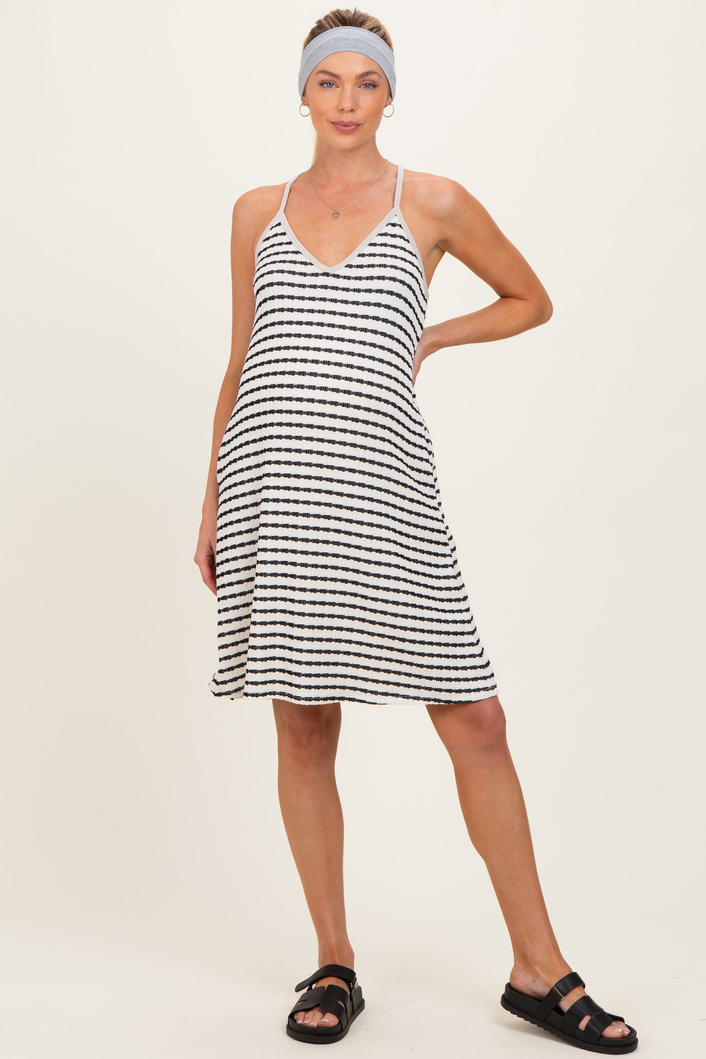 Ivory/ Black Striped Sleeveless Halter Maternity Mini Dress