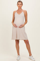 Cream/ Camel Striped Sleeveless Halter Maternity Mini Dress