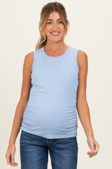 Light Blue Ribbed Sleeveless Ruched Maternity Top