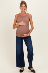 Mocha Ribbed Sleeveless Ruched Maternity Top