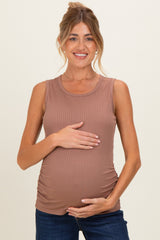 Mocha Ribbed Sleeveless Ruched Maternity Top