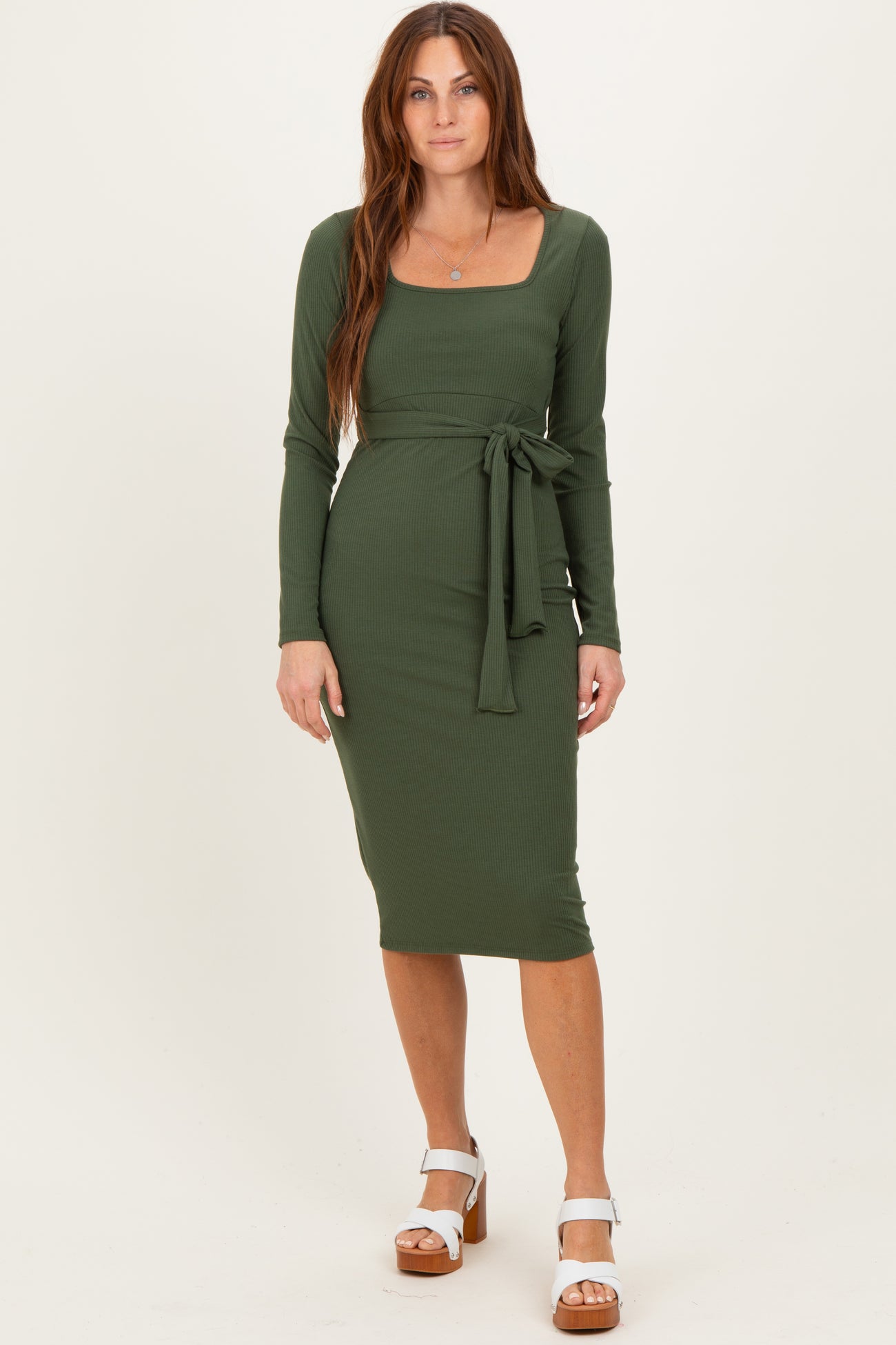 Olive Ribbed Long Sleeve Square Neck Tie Belt Maternity Midi Dress