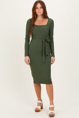 Olive Ribbed Long Sleeve Square Neck Tie Belt Maternity Midi Dress