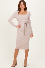 Beige Ribbed Long Sleeve Square Neck Tie Belt Midi Dress
