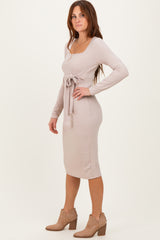 Beige Ribbed Long Sleeve Square Neck Tie Belt Midi Dress