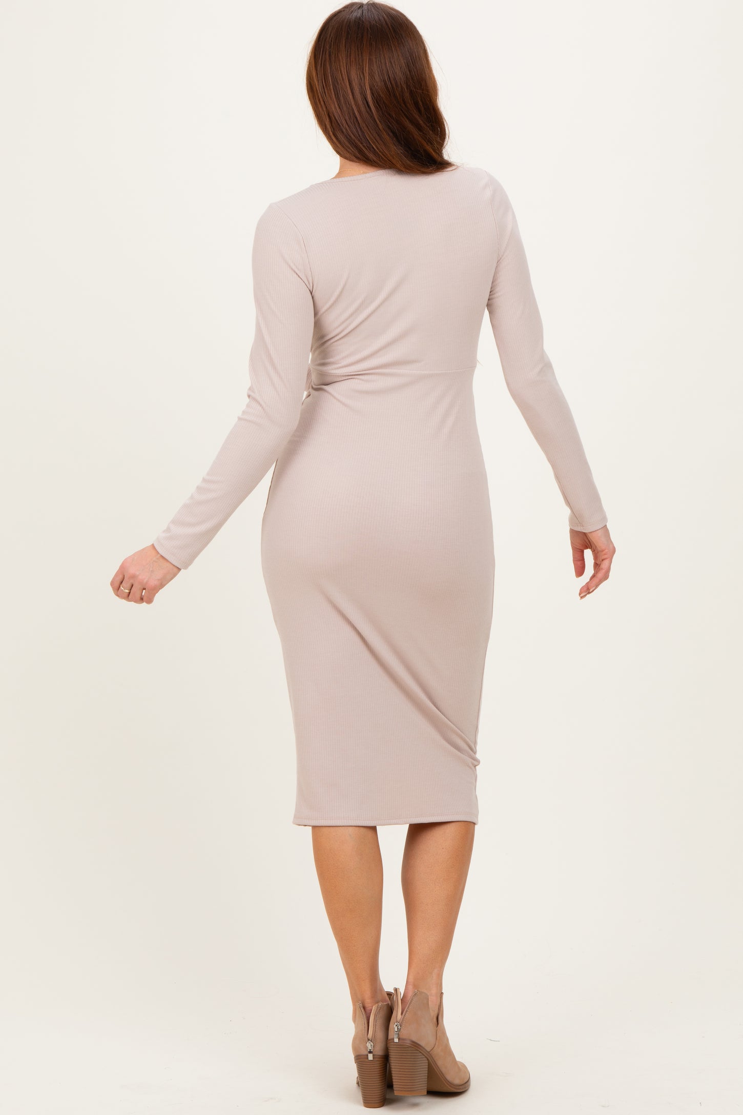Beige Ribbed Long Sleeve Square Neck Tie Belt Midi Dress