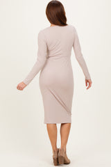 Beige Ribbed Long Sleeve Square Neck Tie Belt Midi Dress