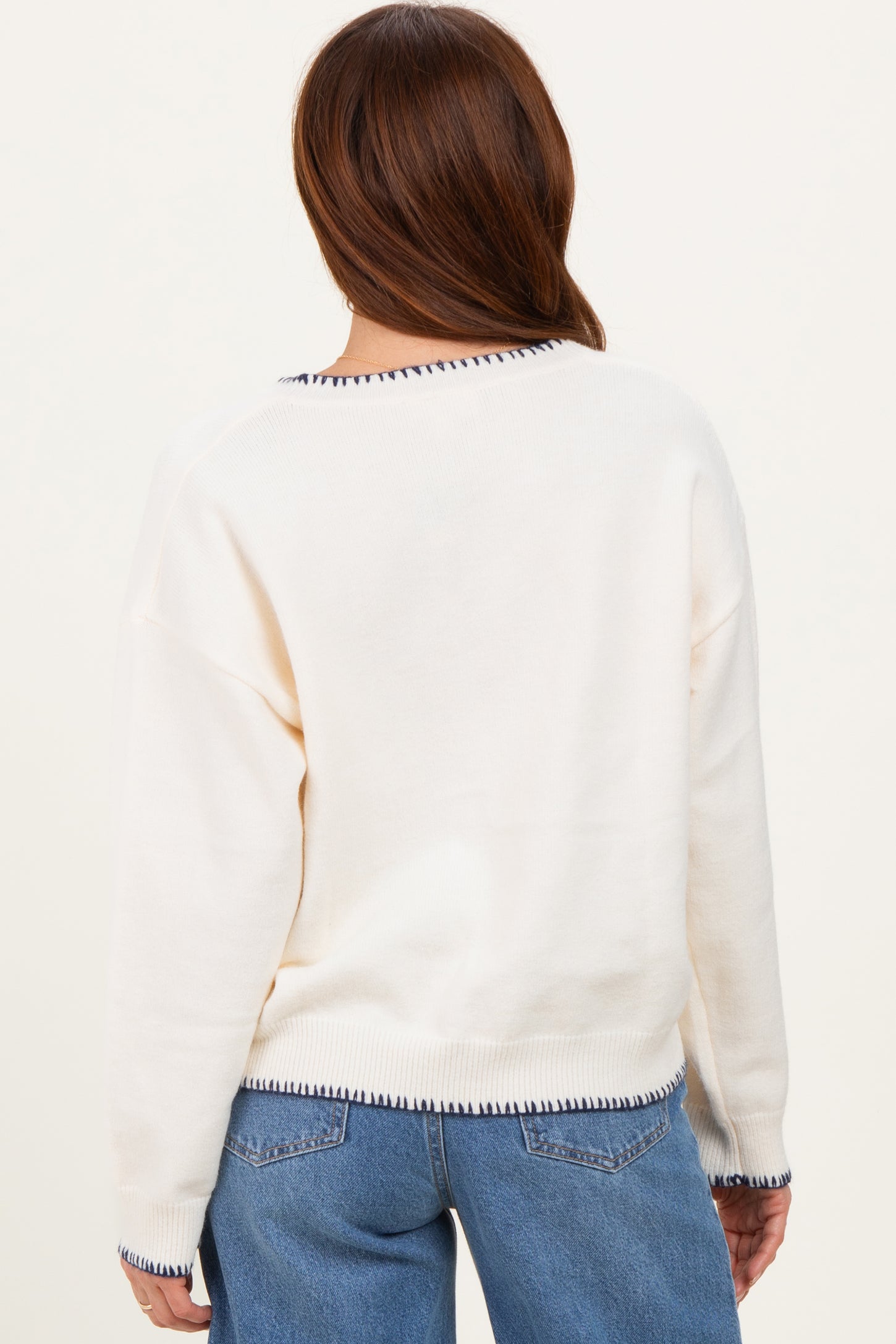 Ivory Stitch Detail V-Neck Oversized Sweater