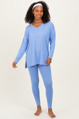 Cornflower Blue Brushed Knit Maternity Oversized Top and Legging Set