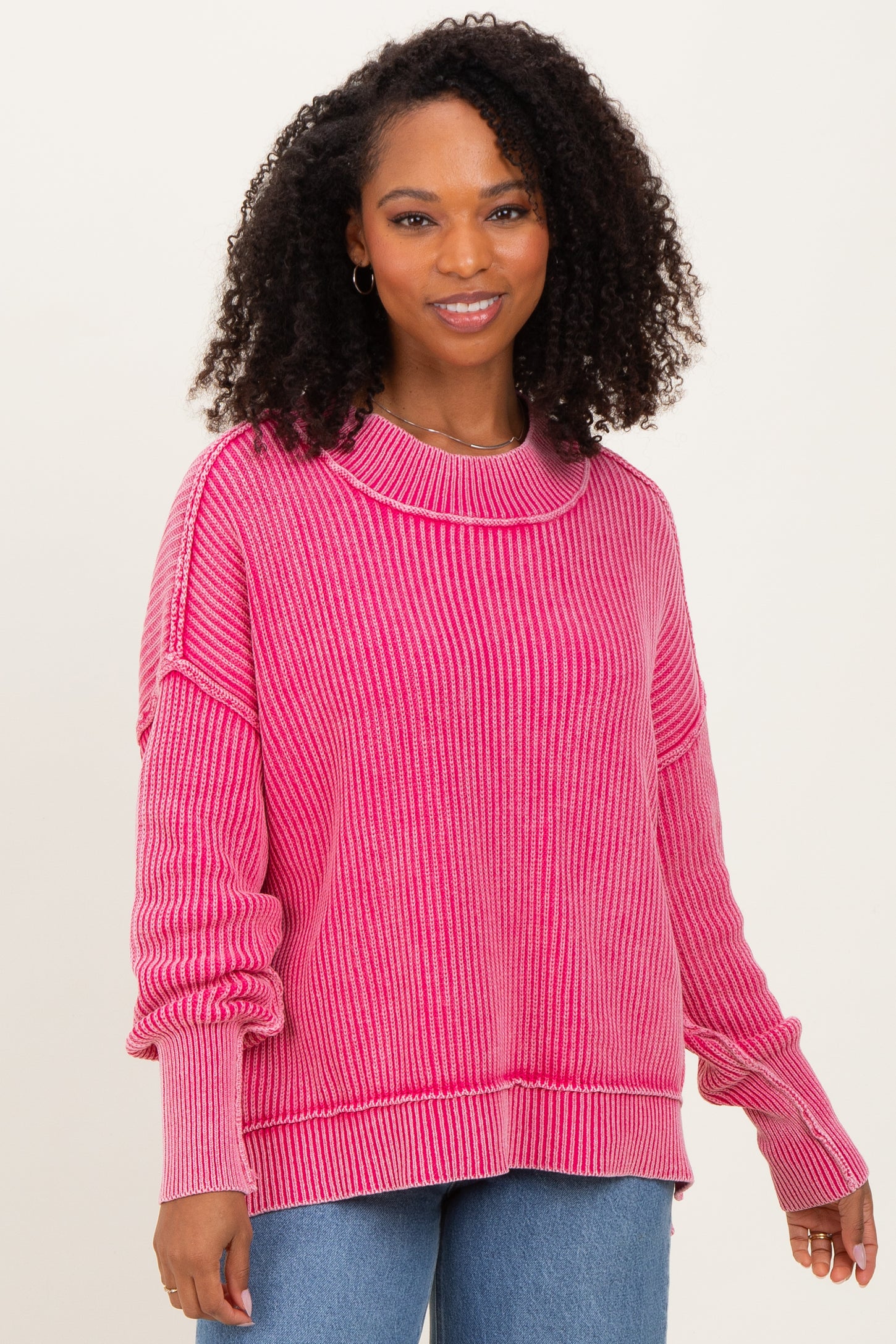 Hot Pink Washed Side Slit Oversized Maternity Sweater