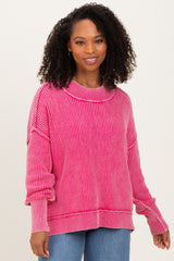 Hot Pink Washed Side Slit Oversized Maternity Sweater