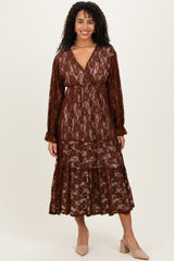 Brown Floral Lace Long Sleeve V-Neck Maternity Maxi Dress