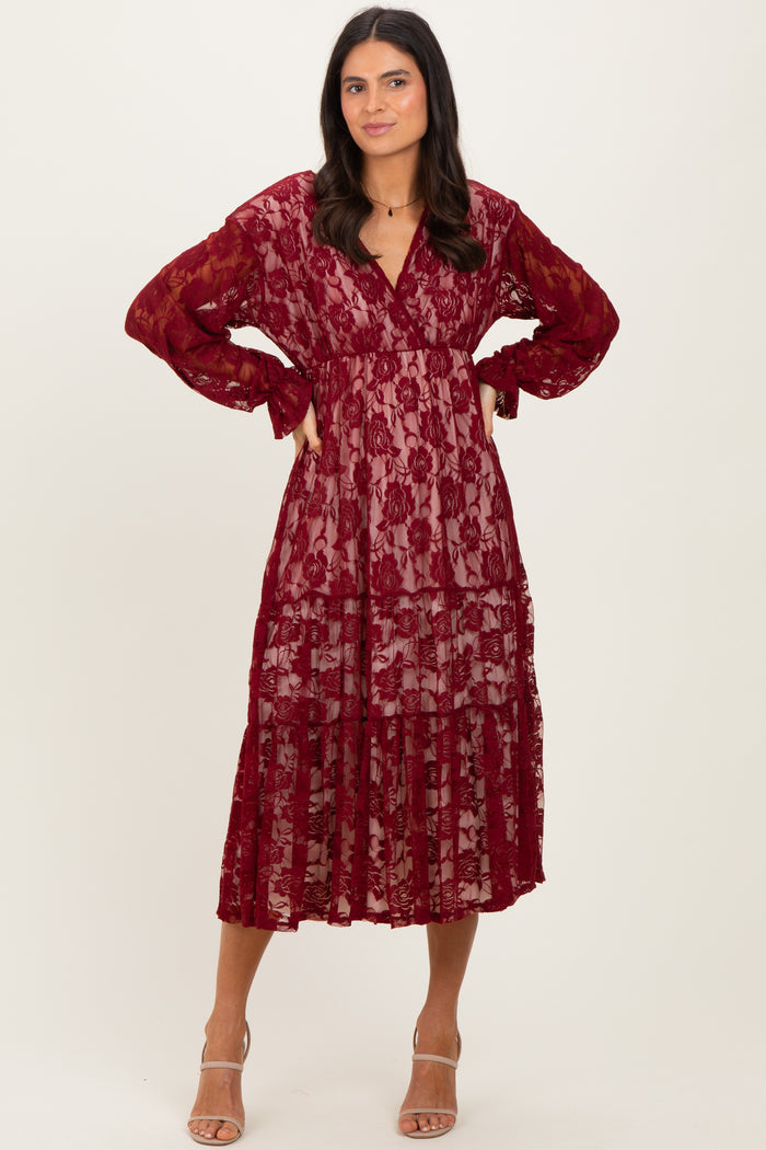 Burgundy Floral Lace Long Sleeve V-Neck Maternity Maxi Dress