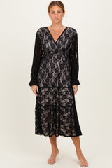 Black Floral Lace Long Sleeve V-Neck Maternity Maxi Dress