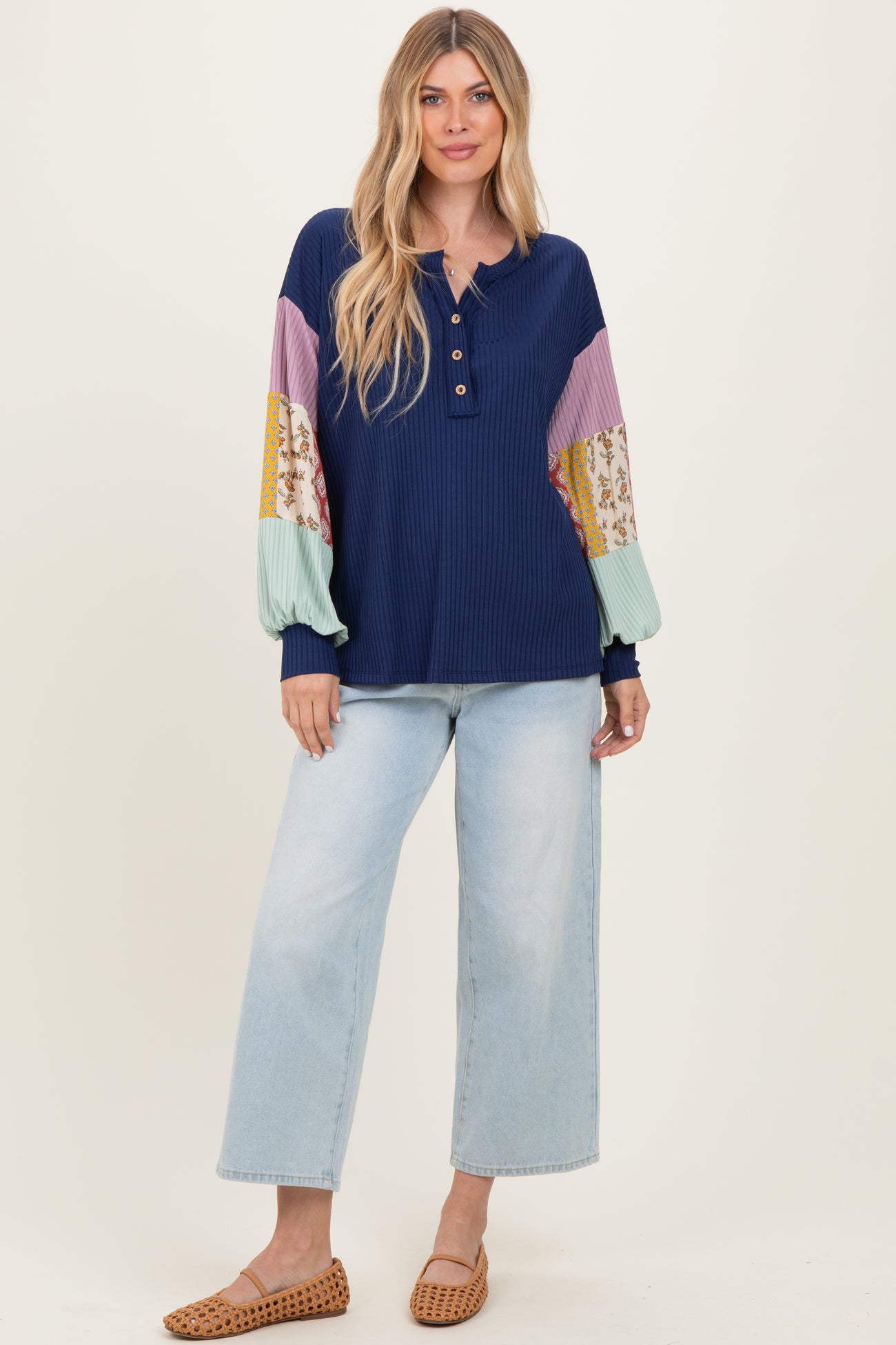 Navy Ribbed Long Sleeve Colorblock Top