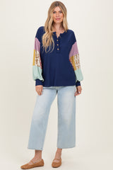 Navy Ribbed Long Sleeve Colorblock Top