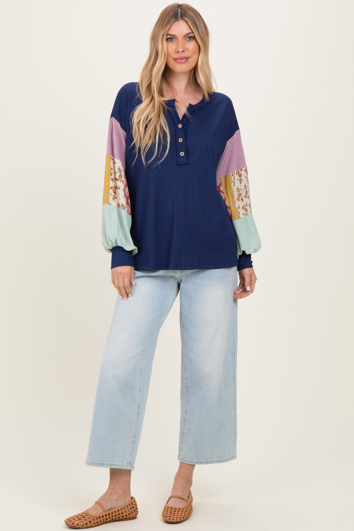 Navy Ribbed Long Sleeve Colorblock Top