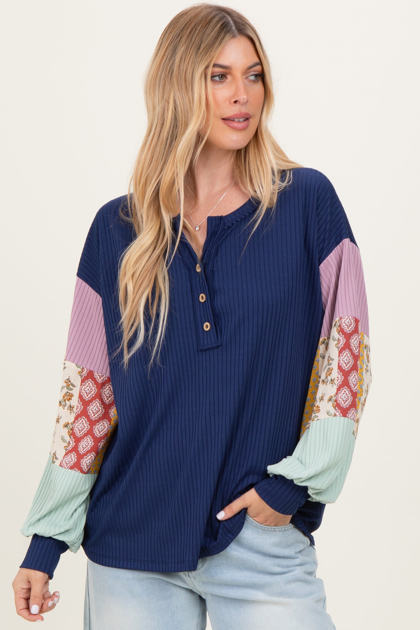 Navy Ribbed Long Sleeve Colorblock Maternity Top