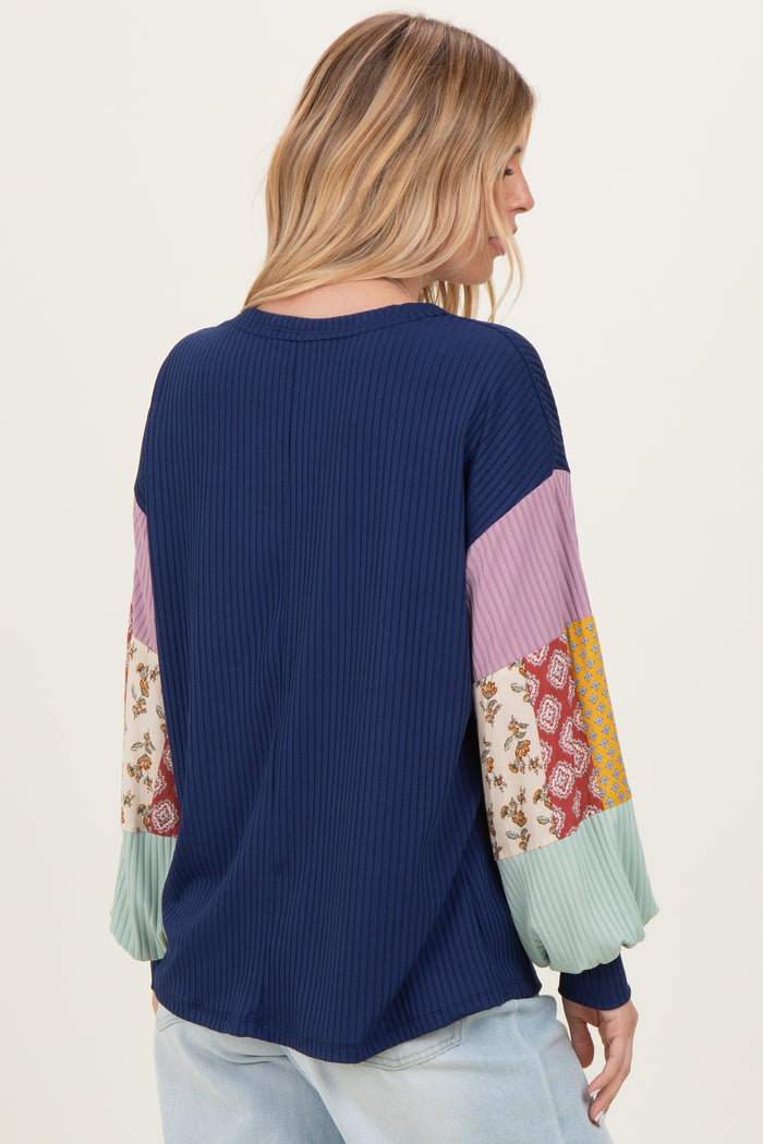 Navy Ribbed Long Sleeve Colorblock Top