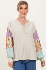 Taupe Ribbed Long Sleeve Colorblock Maternity Top