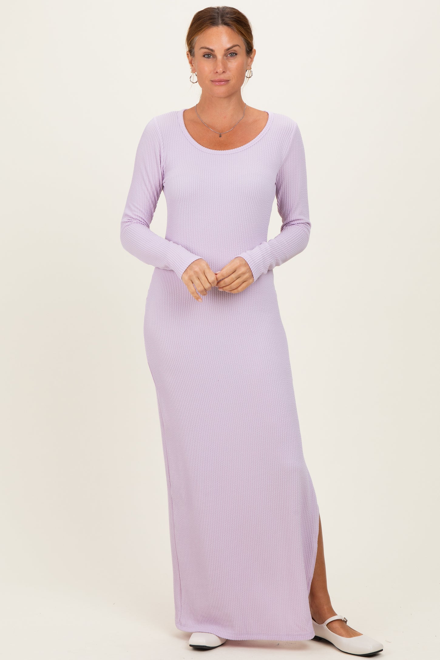 Lavender Ribbed Long Sleeve Side Slit Maternity Maxi Dress