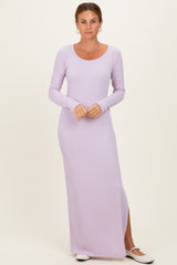 Lavender Ribbed Long Sleeve Side Slit Maternity Maxi Dress