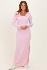Light Pink Ribbed Long Sleeve Side Slit Maxi Dress
